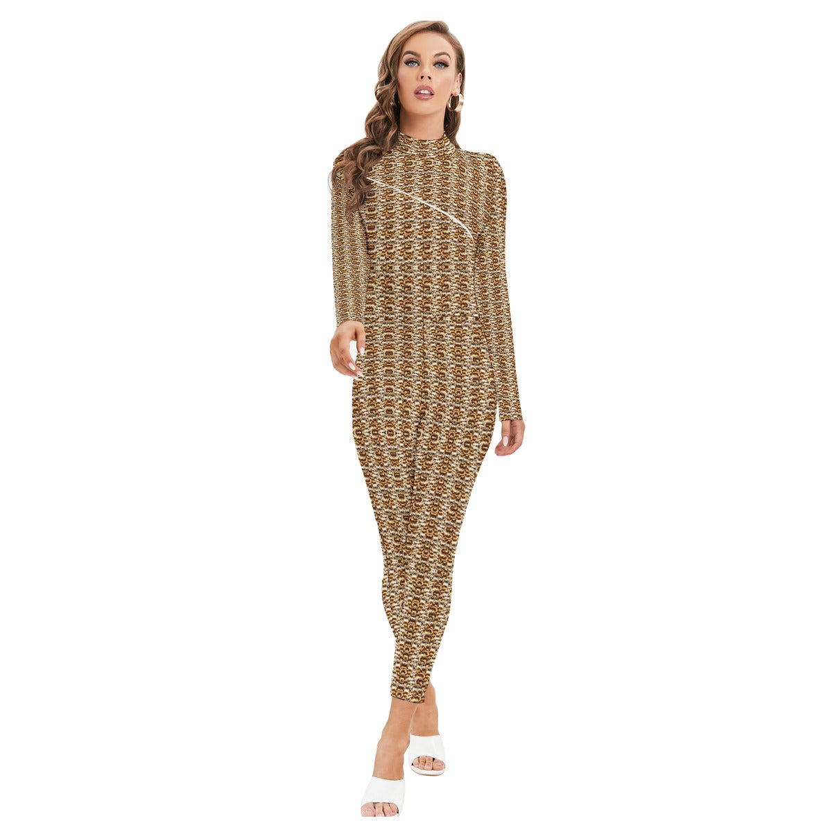 kokorepublic Print Women's Long-sleeved High-neck Jumpsuit With Zipper
