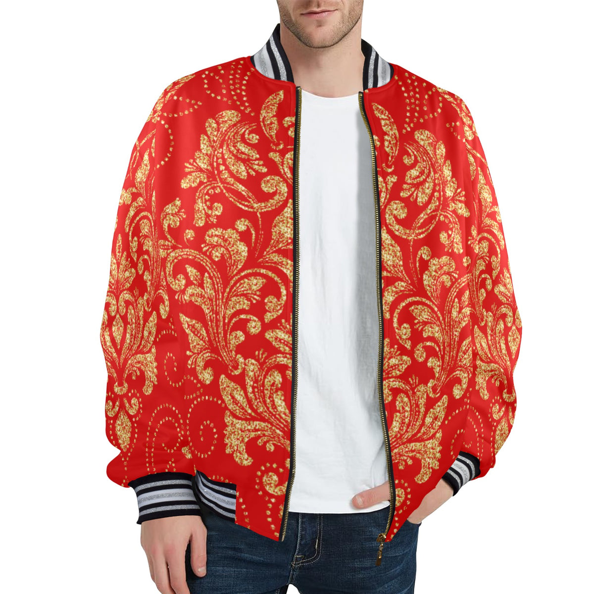 kokorepublicboutique Men's Striped Trim Bomber Jacket