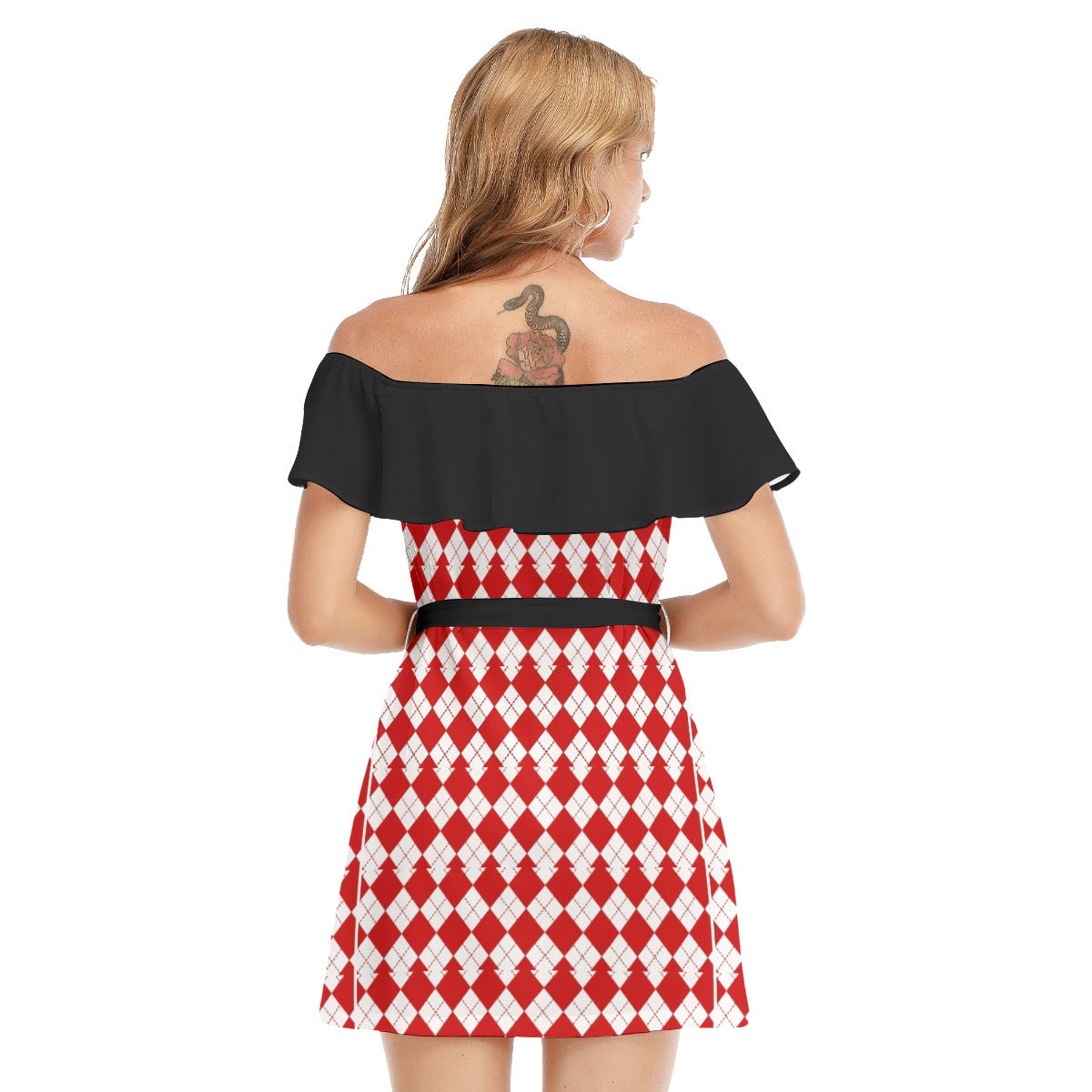 All-Over Print Women's Off-shoulder Dress With Ruffle