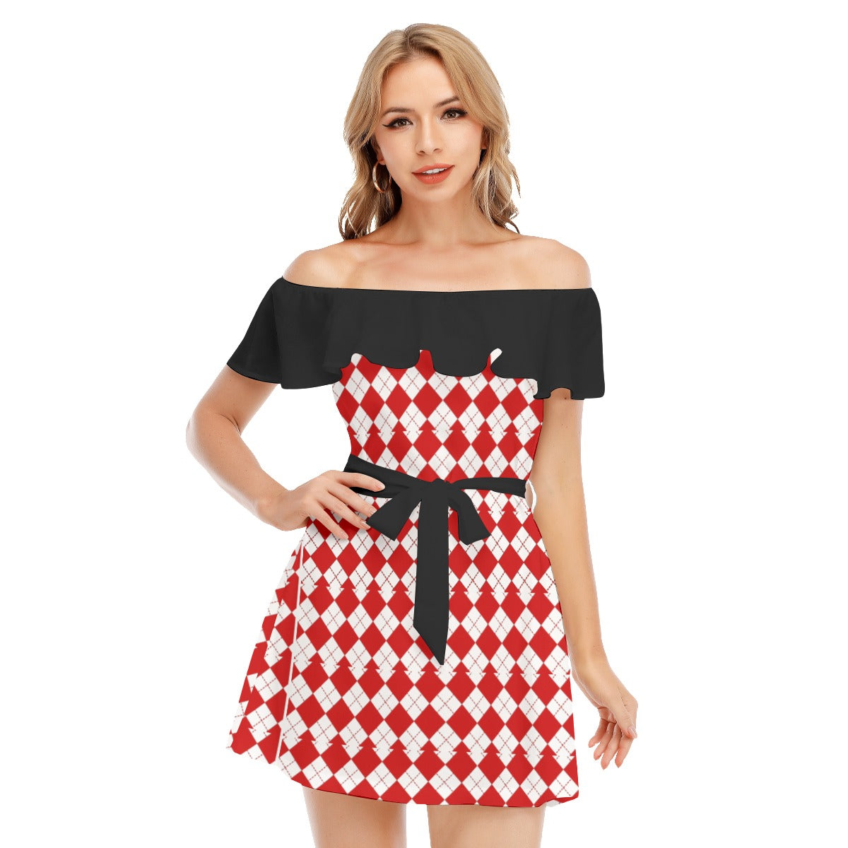 All-Over Print Women's Off-shoulder Dress With Ruffle