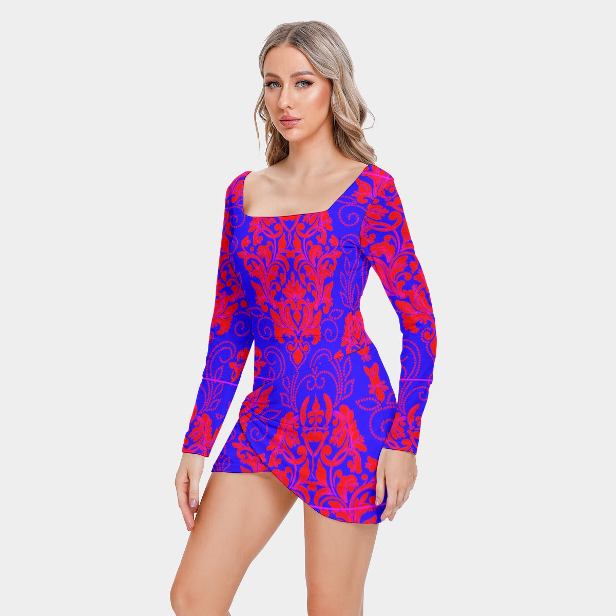 All-Over Print Women’s Square Collar Dress With Long Sleeve