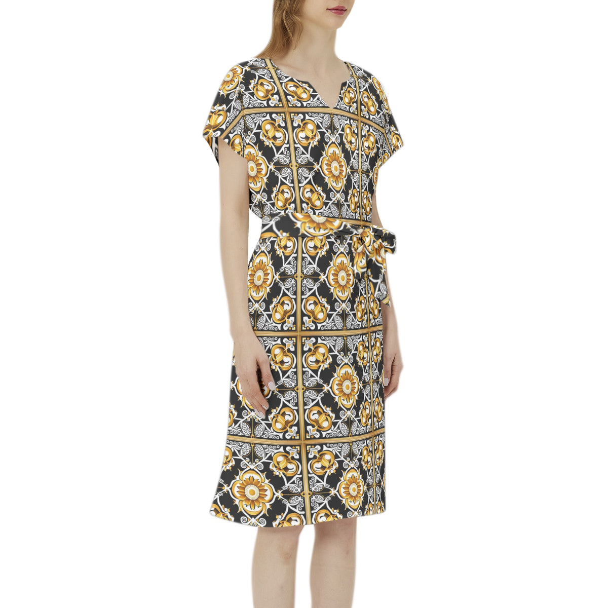 kokorepublic Betwing Seleeve Notch Neck Casual Dress with Belt
