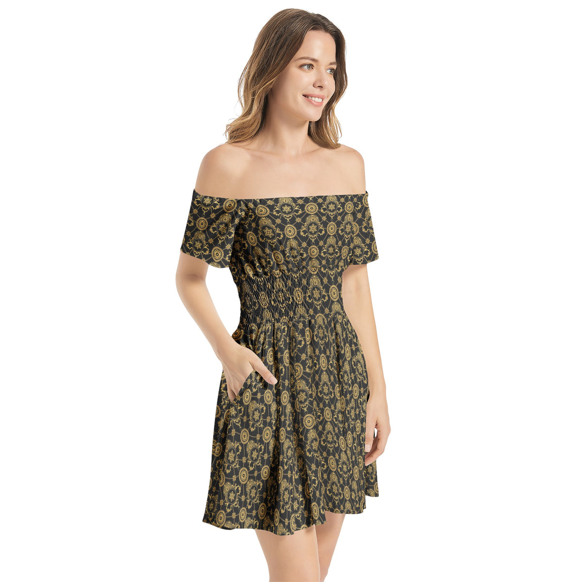 KokoRepublic Off Shoulder Shirred Waist Flared Mini Dress