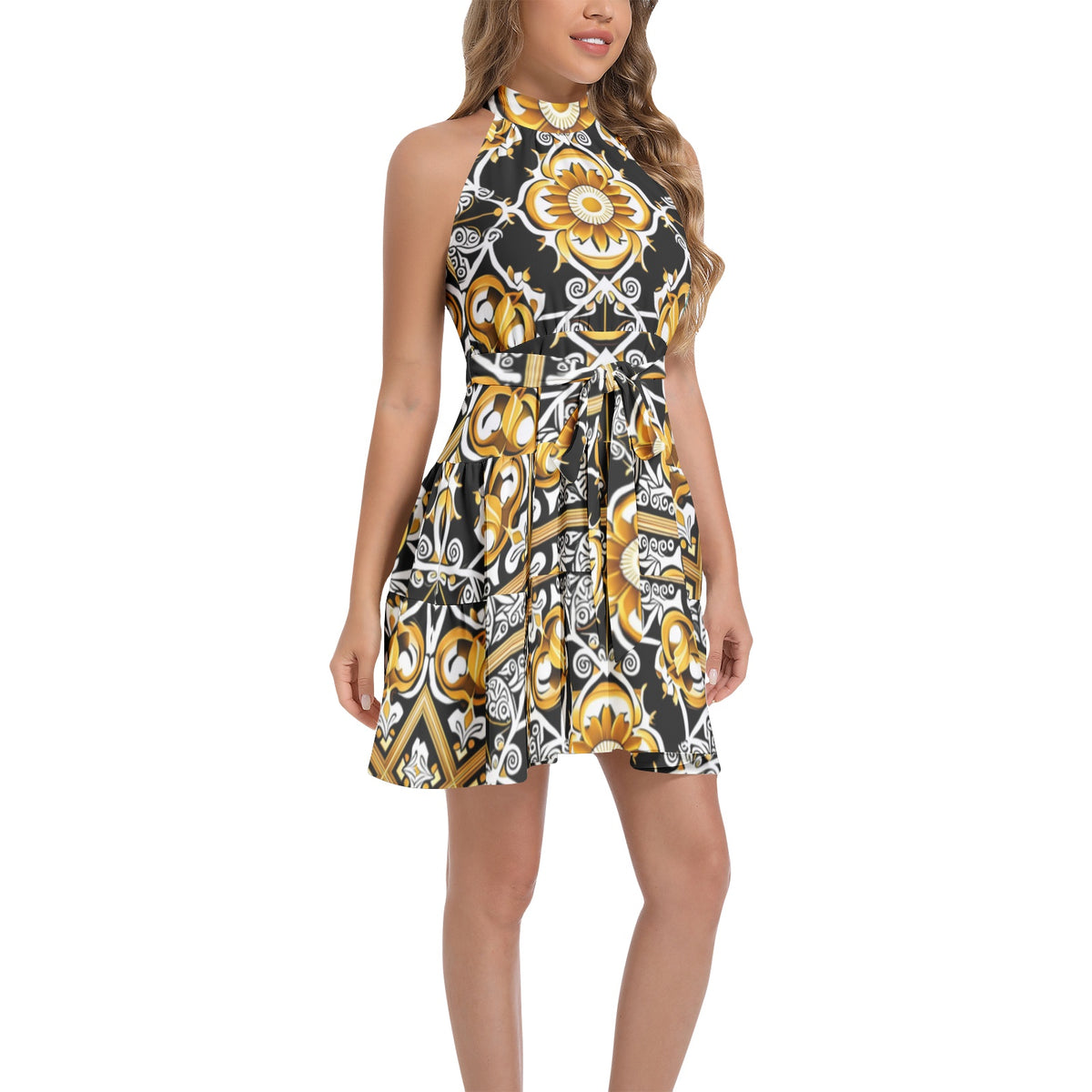 Ruffle Hem Belted Halter Dress