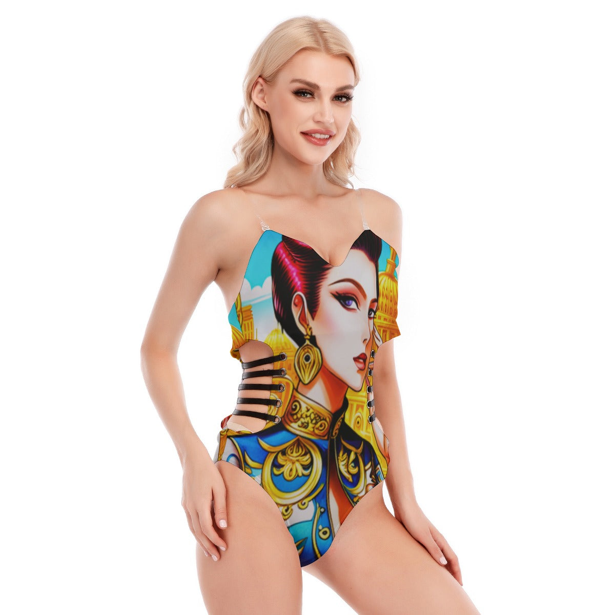 FullbreedCustom Print Women's Tube Top Bodysuit With Side Black Straps