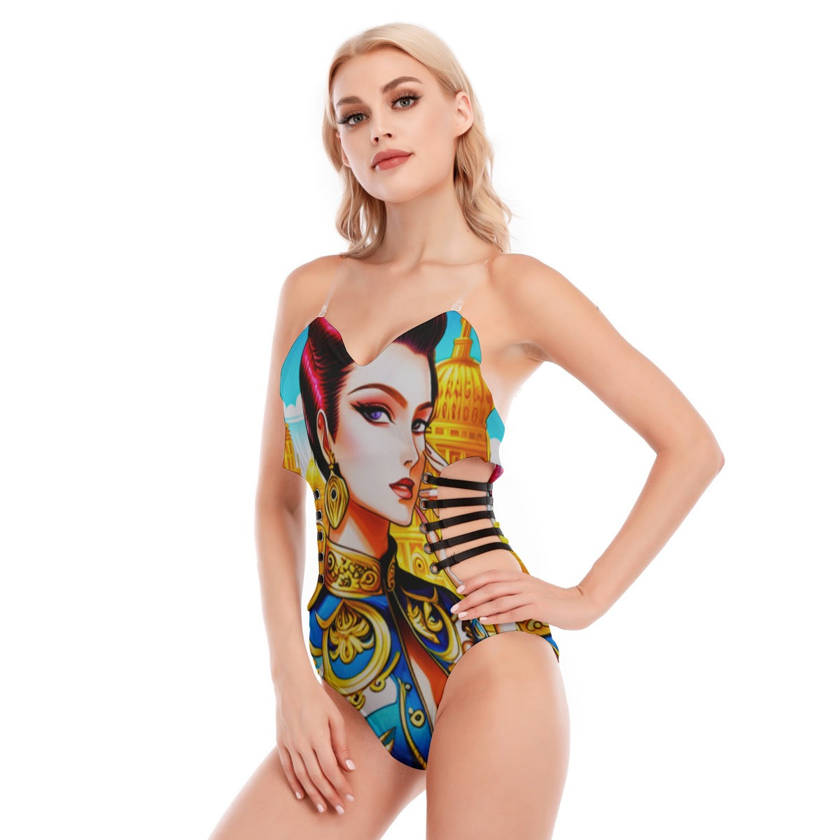 FullbreedCustom Print Women's Tube Top Bodysuit With Side Black Straps