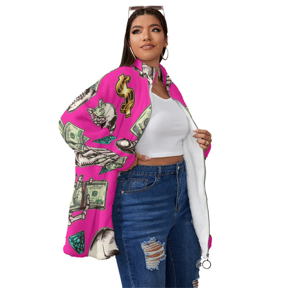 kokorepublic Print Unisex Borg Fleece Stand-up Collar Coat With Zipper Closure(Plus Size)