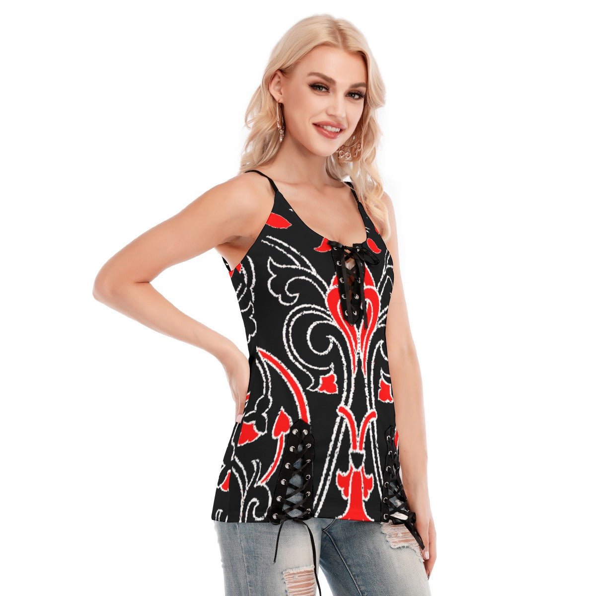kokorepublic Print Women's V-neck Eyelet Lace-up Cami Dress