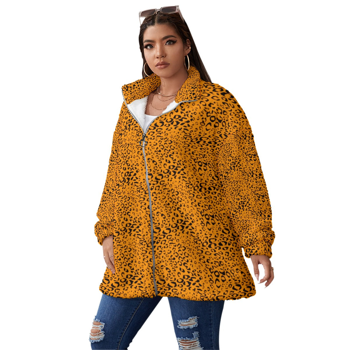 Kokorepublic Print Unisex Borg Fleece Stand-up Collar Coat With Zipper Closure(Plus Size)