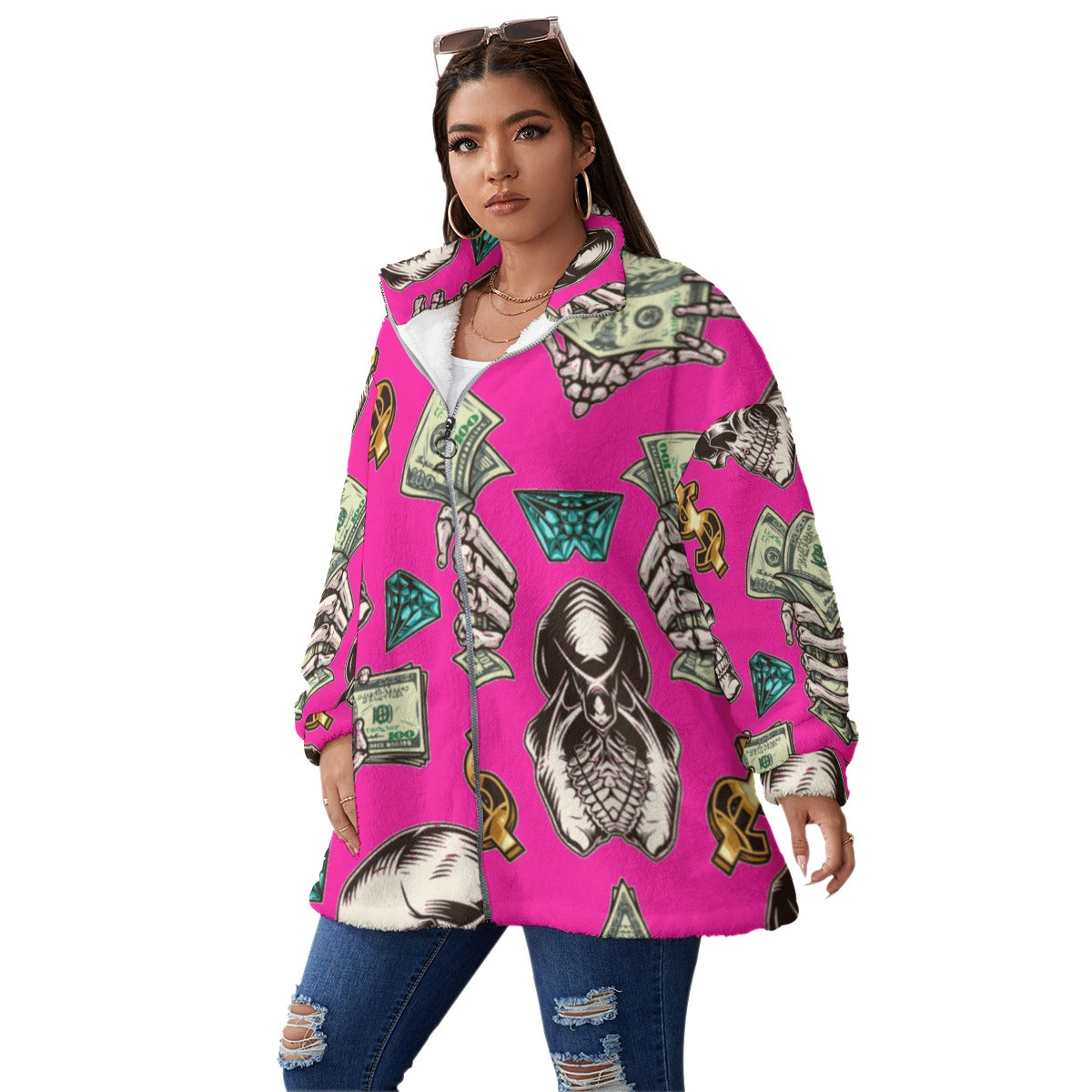 kokorepublic Print Unisex Borg Fleece Stand-up Collar Coat With Zipper Closure(Plus Size)