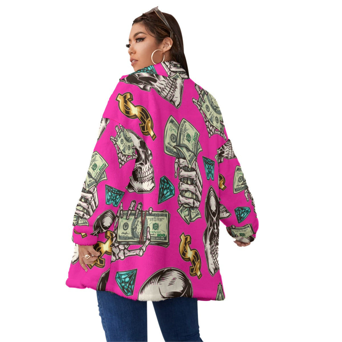 kokorepublic Print Unisex Borg Fleece Stand-up Collar Coat With Zipper Closure(Plus Size)