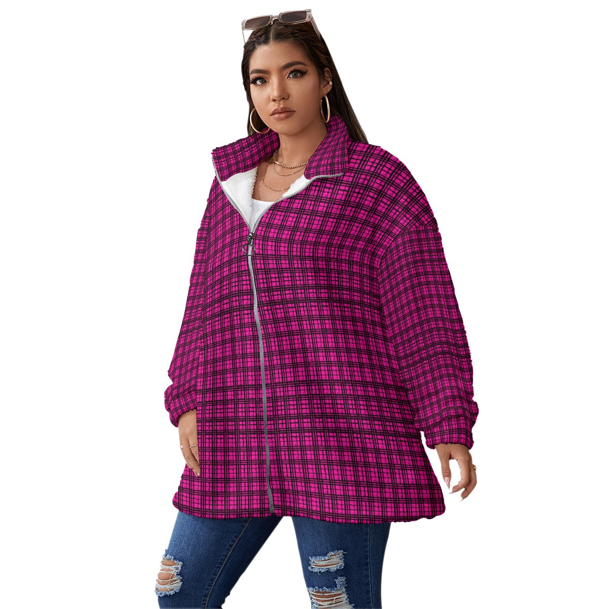kokorepublicboutique Print Unisex Borg Fleece Stand-up Collar Coat With Zipper Closure(Plus Size)