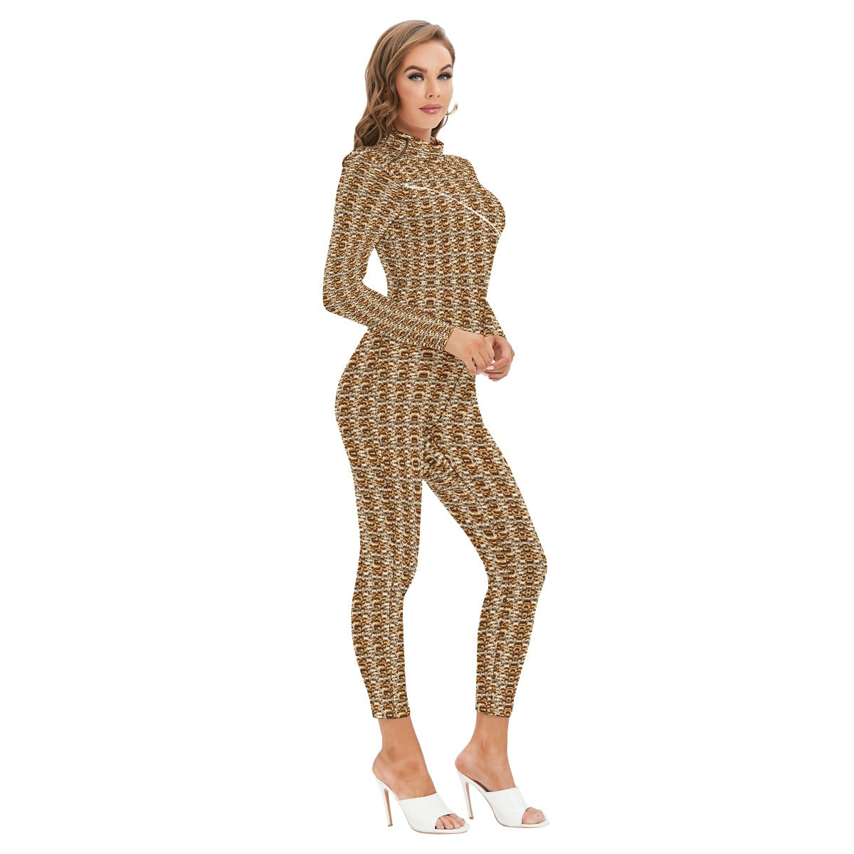 kokorepublic    Print Women's Long-sleeved High-neck Jumpsuit With Zipper