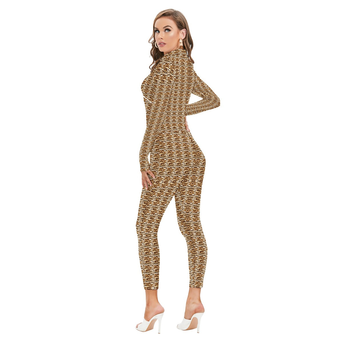 kokorepublic    Print Women's Long-sleeved High-neck Jumpsuit With Zipper