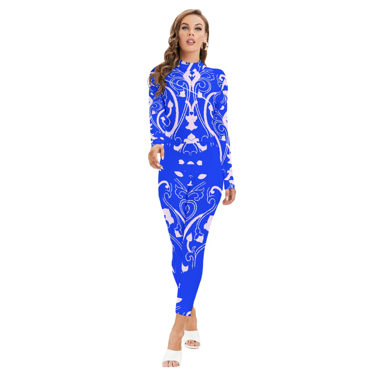 kokorepublic Print Women's Long-sleeved High-neck Jumpsuit With Zipper