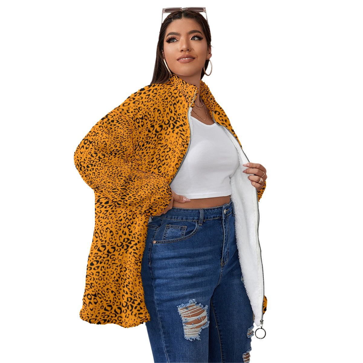 Kokorepublic Print Unisex Borg Fleece Stand-up Collar Coat With Zipper Closure(Plus Size)