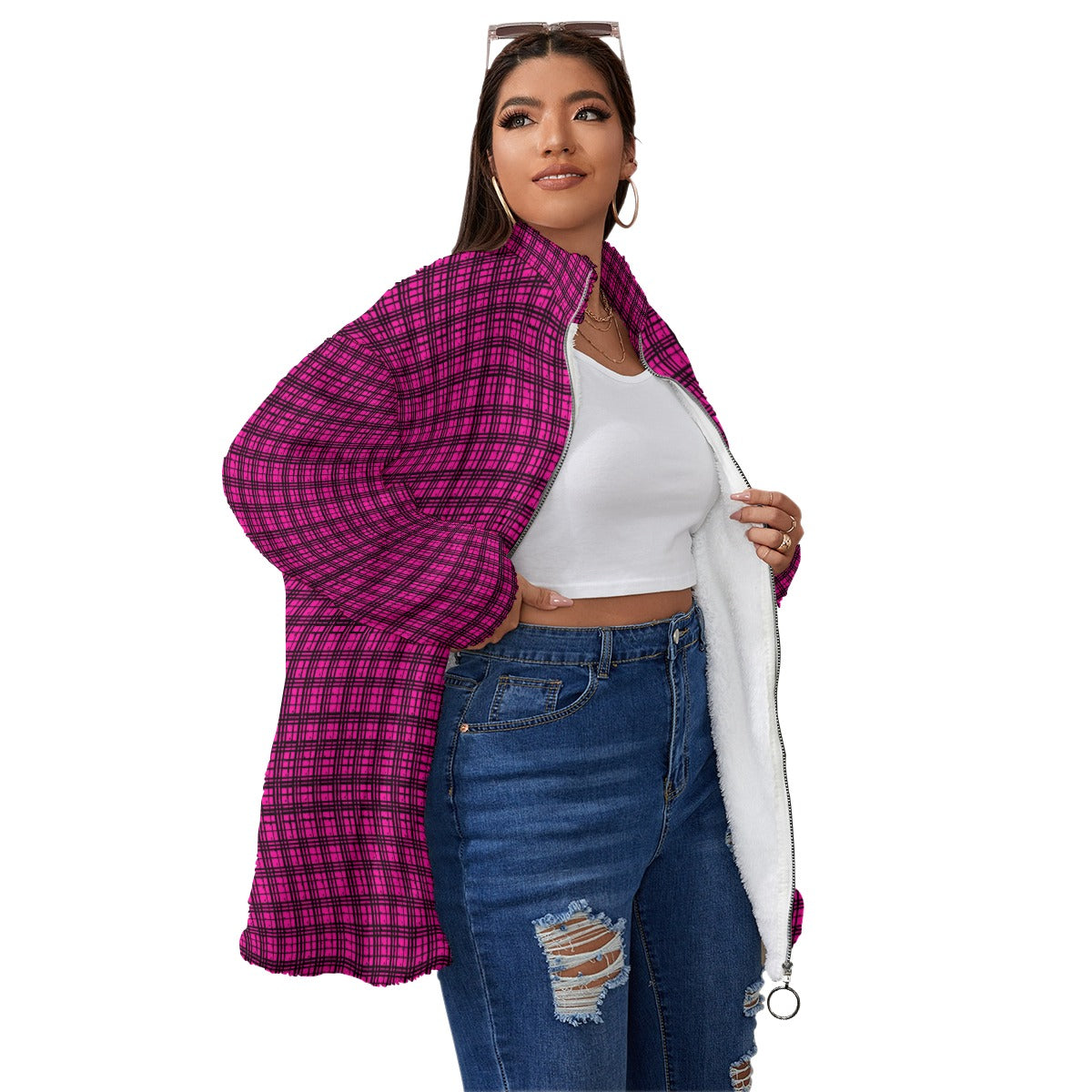 kokorepublicboutique Print Unisex Borg Fleece Stand-up Collar Coat With Zipper Closure(Plus Size)