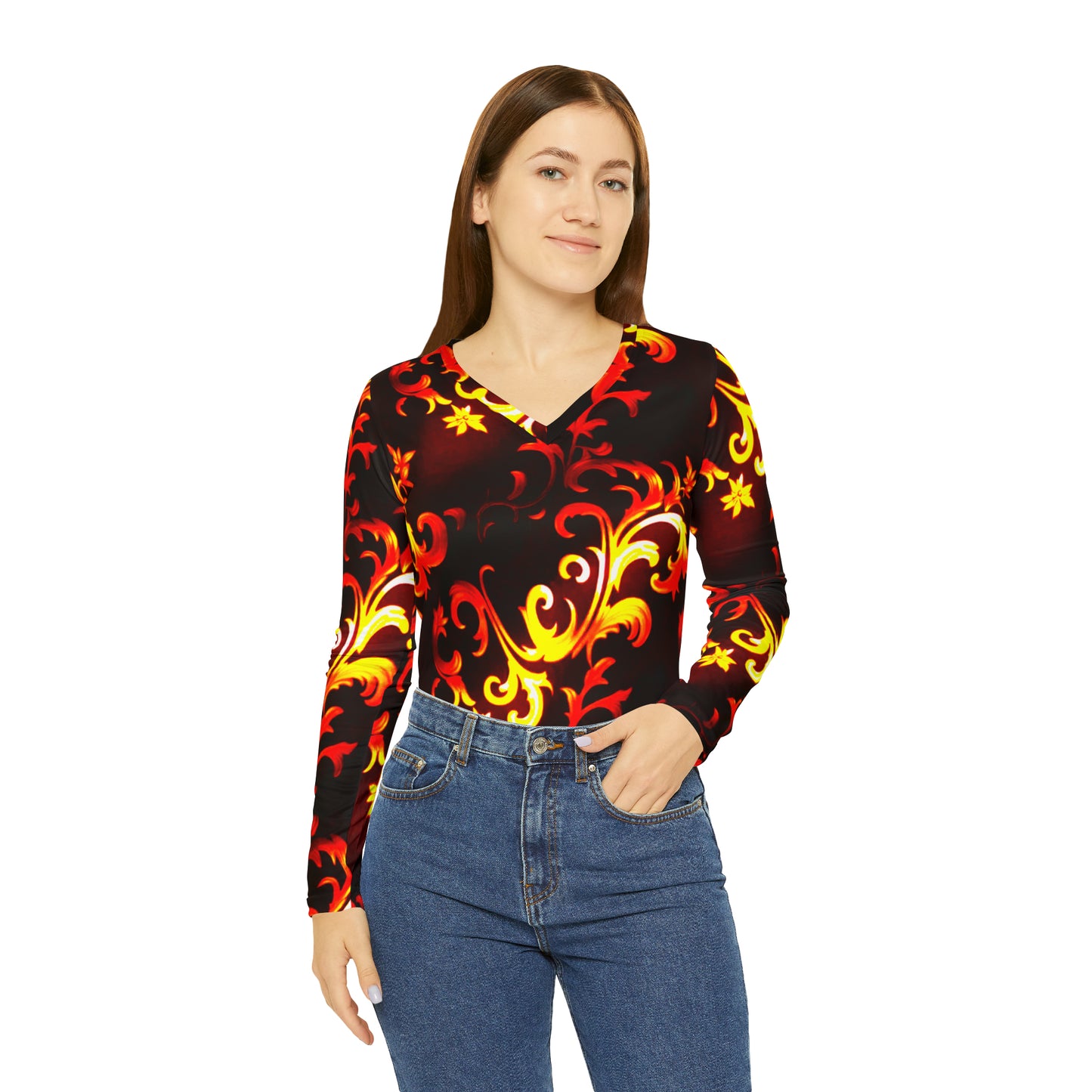 kokorepublic Women's Long Sleeve V-neck Shirt (AOP)