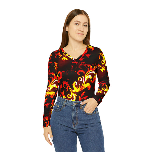 kokorepublic Women's Long Sleeve V-neck Shirt (AOP)