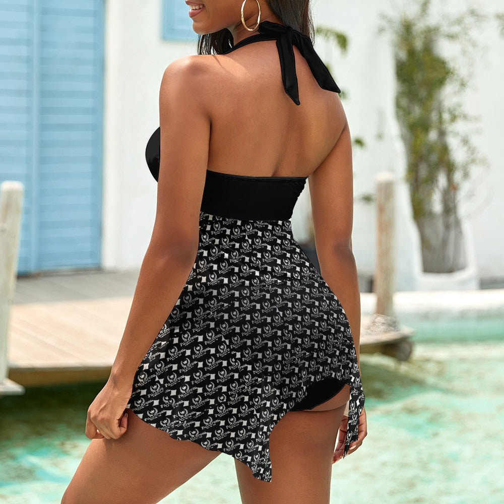 FullbreedCustom Black Leopard Print Split Skirt Swimsuit