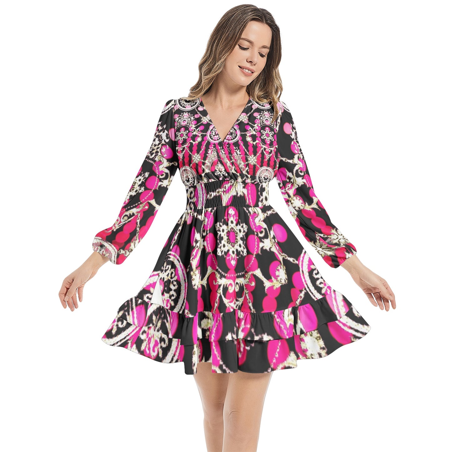 Long Sleeve Tiered Ruffle Hem Elastic Waist Mini Dress