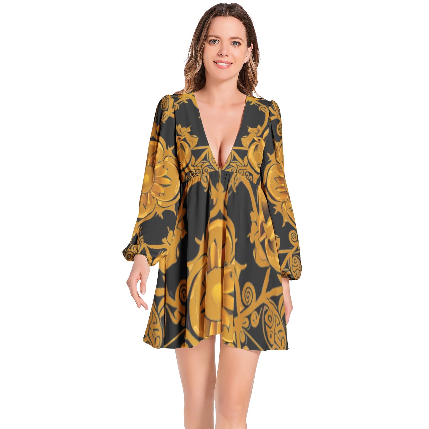 kokorepublic Lantern Sleeve Deep V-Neck Short Dress