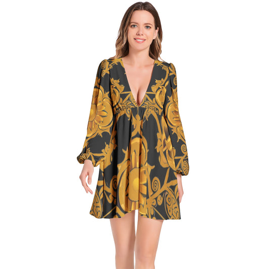 kokorepublic Lantern Sleeve Deep V-Neck Short Dress