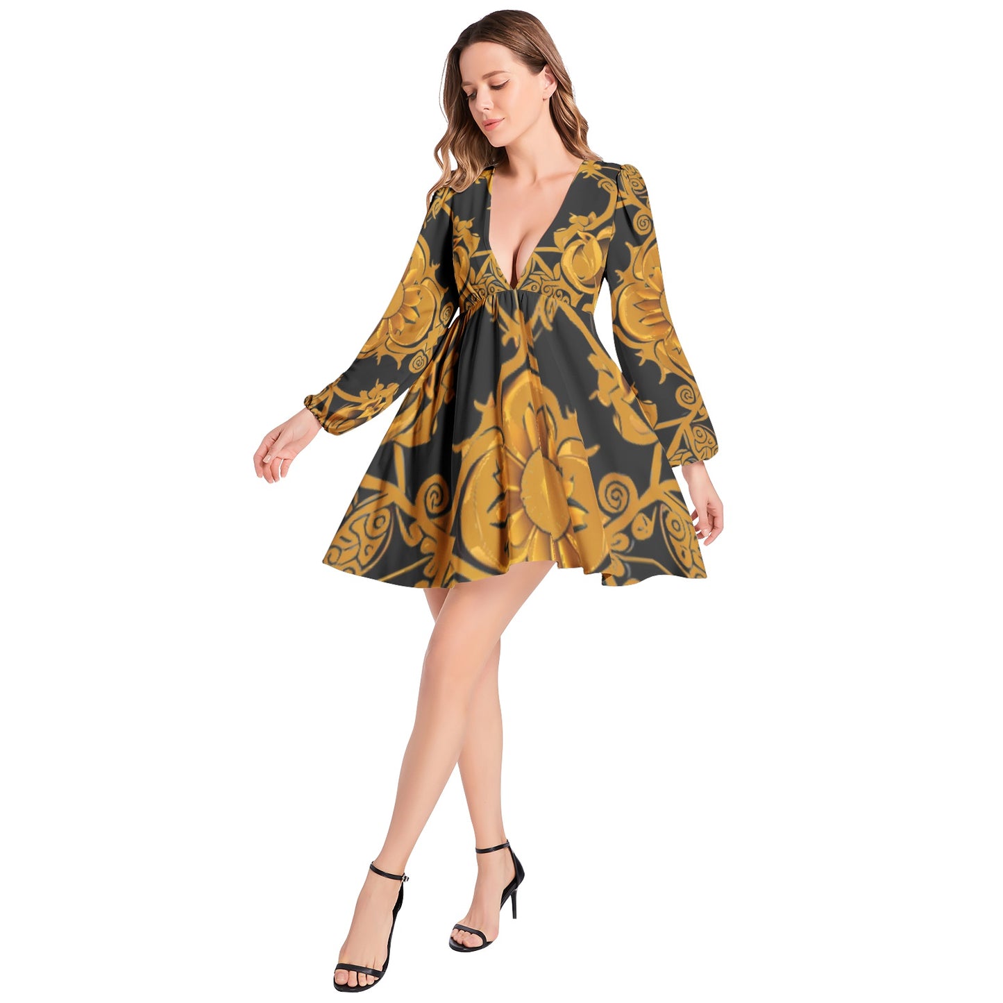 kokorepublic Lantern Sleeve Deep V-Neck Short Dress