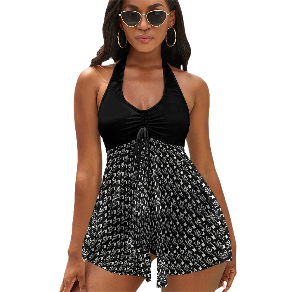 FullbreedCustom Black Leopard Print Split Skirt Swimsuit