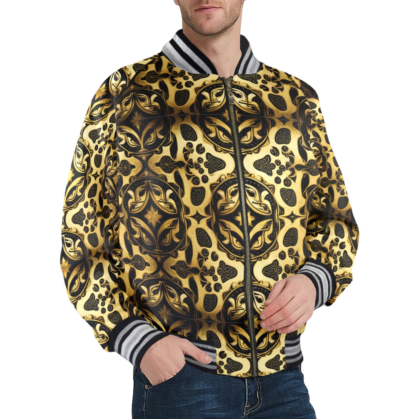 kokorepublicboutique New Men's Striped Trim Bomber Jacket