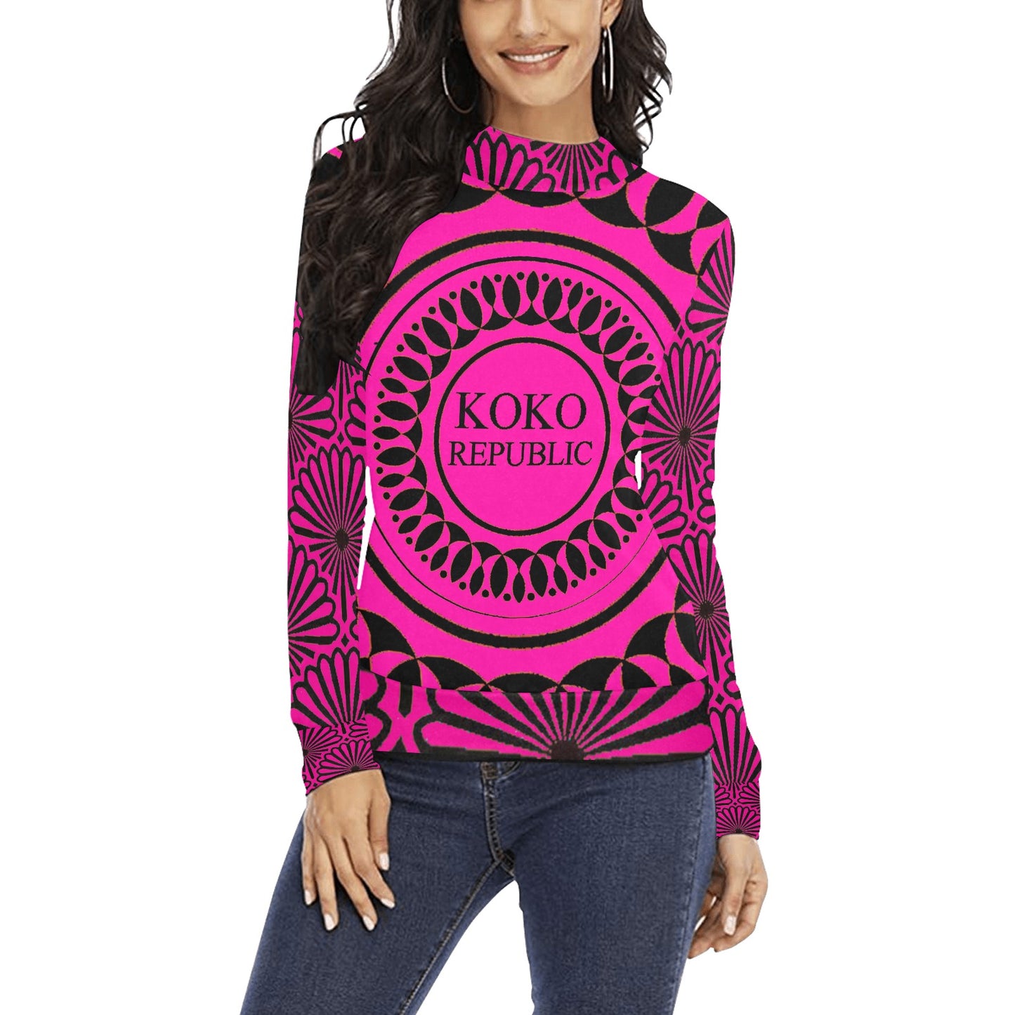 KokoRepublic  Women's All Over Print Mock Neck Sweater (H43)