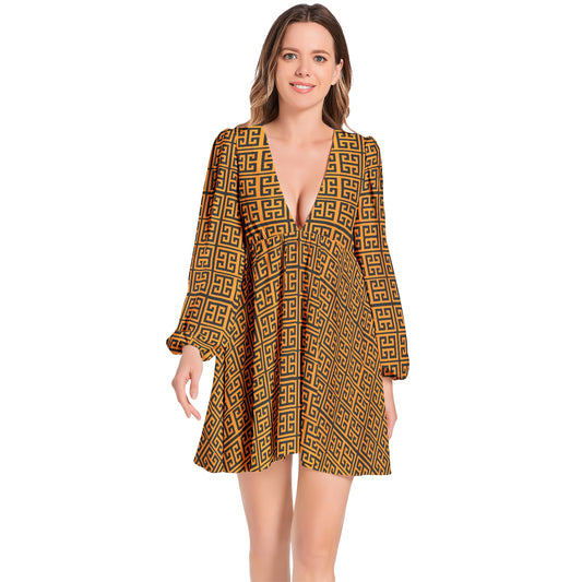 Kokorepublic Lantern Sleeve Deep V-Neck Short Dress