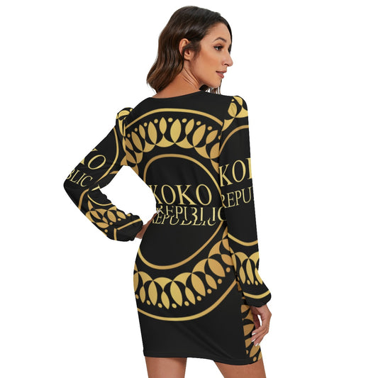 All-Over Print Women's Long Sleeve Dress With Waist Belt