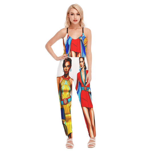 kokorepublic  Print Women's High Waist V-neck Cami Jumpsuit