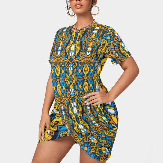 All-Over Print Women’s Stacked Hem Dress With Short Sleeve（Plus Size）