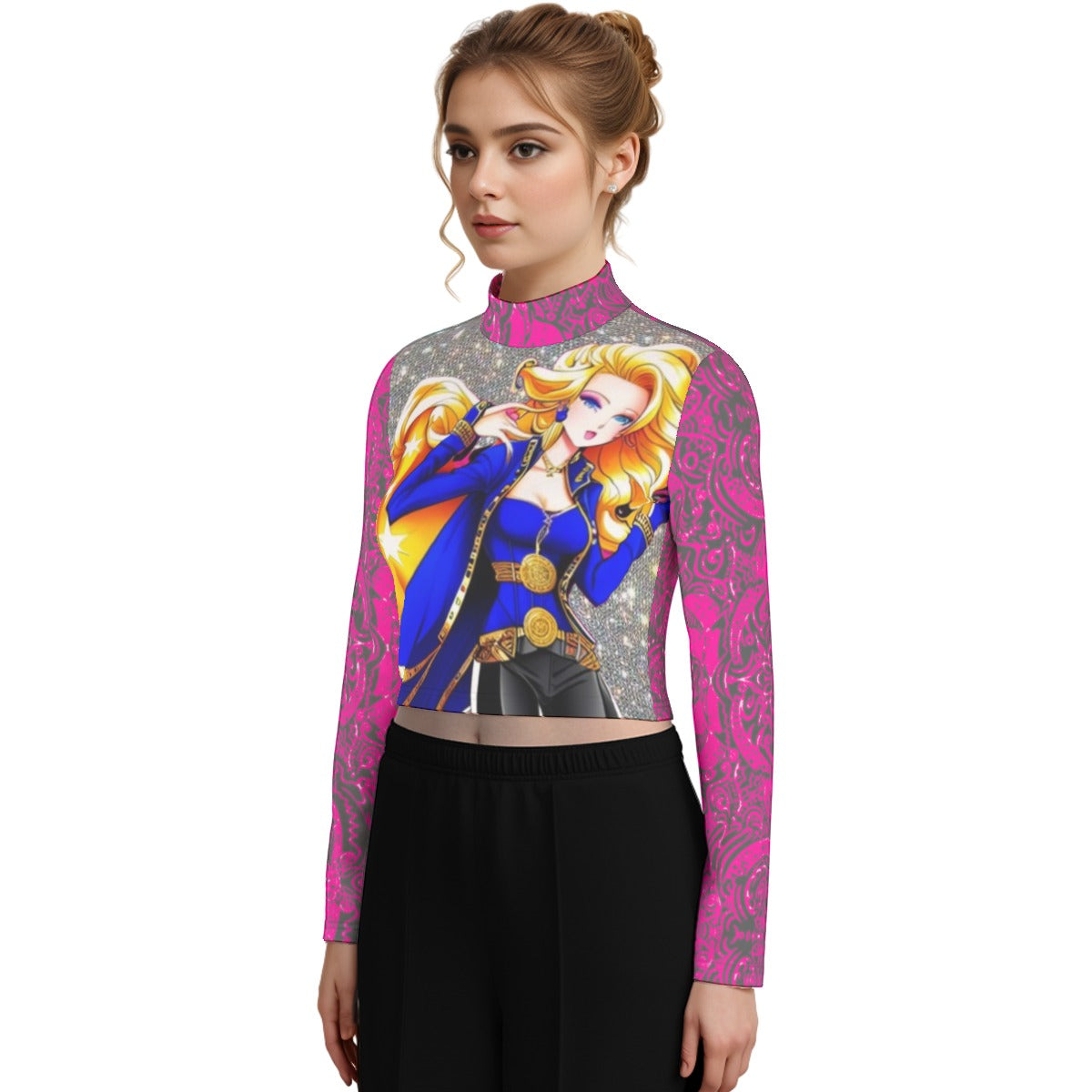 kokorepublic Eco-Friendly All-Over Print Women's Turtleneck T-shirt With Long Sleeve