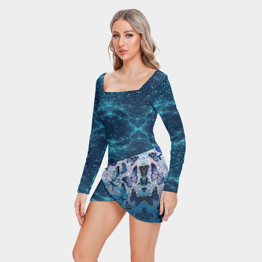 All-Over Print Women’s Square Collar Dress With Long Sleeve