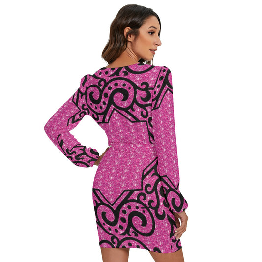 All-Over Print Women's Long Sleeve Dress With Waist Belt