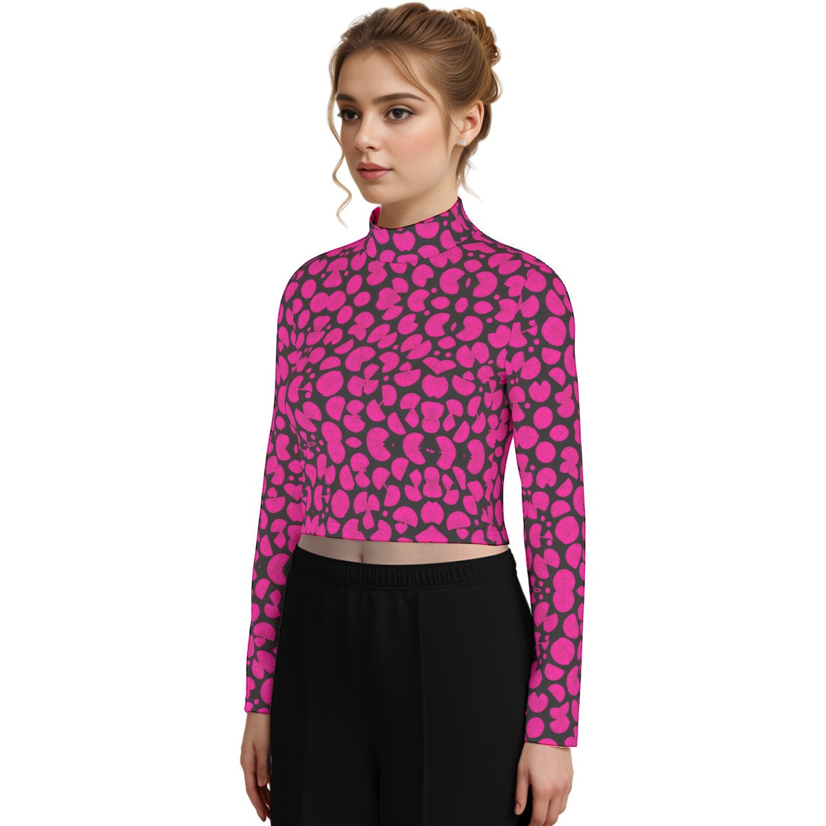kokorepublic Eco-Friendly All-Over Print Women's Turtleneck T-shirt With Long Sleeve