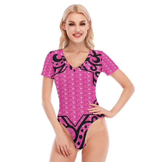 All-Over Print Women's V-neck Bodysuit With Short Sleeve