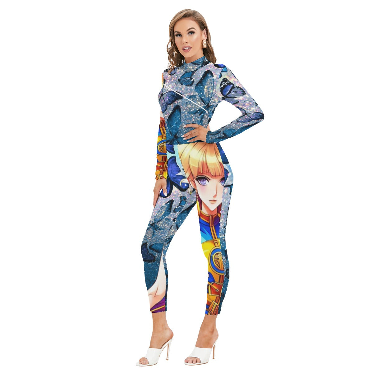 kokorepublic  Print Women's Long-sleeved High-neck Jumpsuit With Zipper