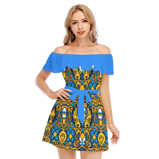 All-Over Print Women's Off-shoulder Dress With Ruffle