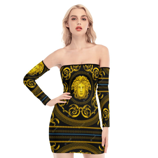 All-Over Print Women's Off-shoulder Back Lace-up Dress