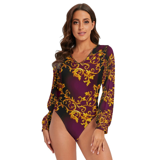 All-Over Print Women's Round Neck Long Sleeve Bodysuit