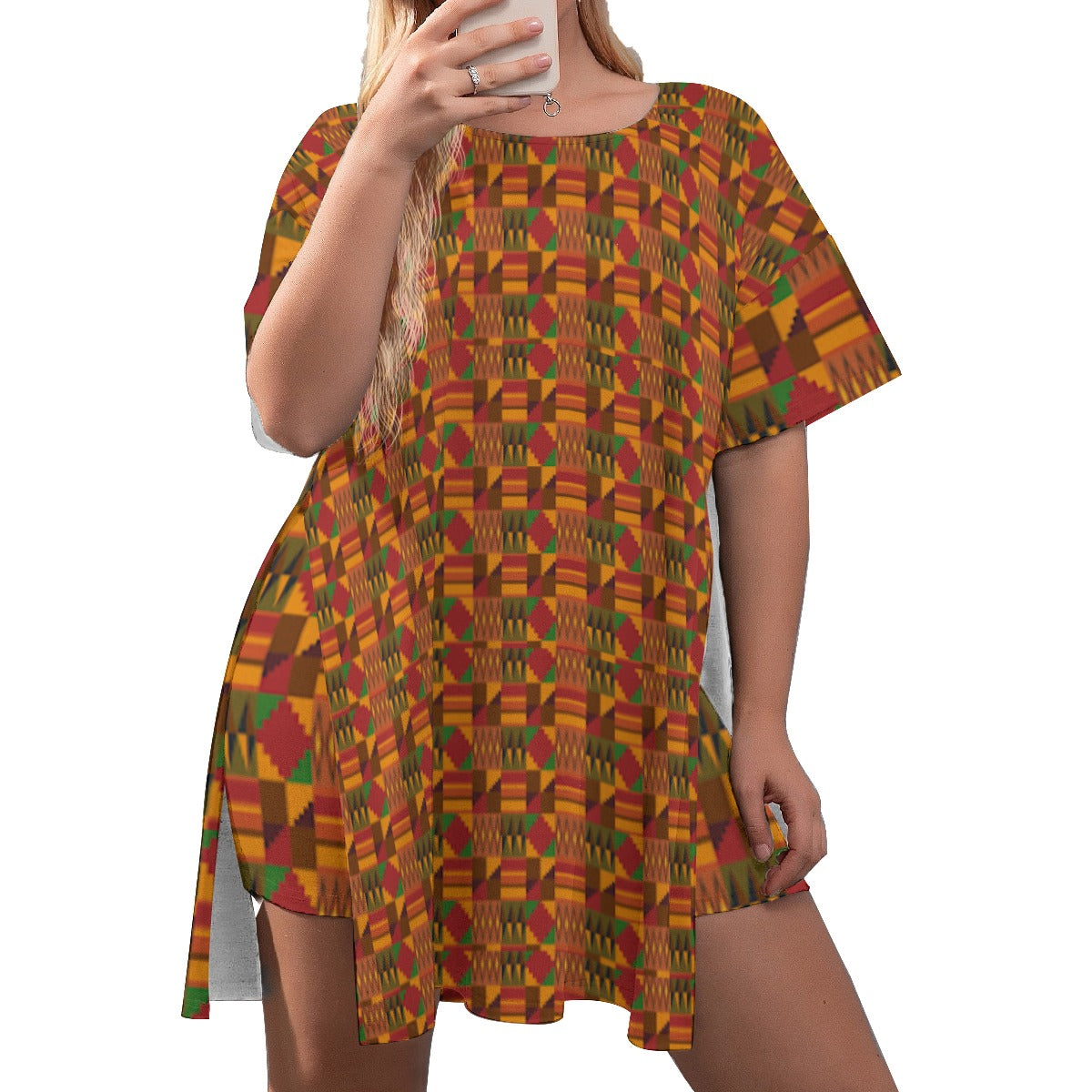 All-Over Print Women's Drop-Shoulder T-Shirt with Side Split and Shorts (Plus Size)