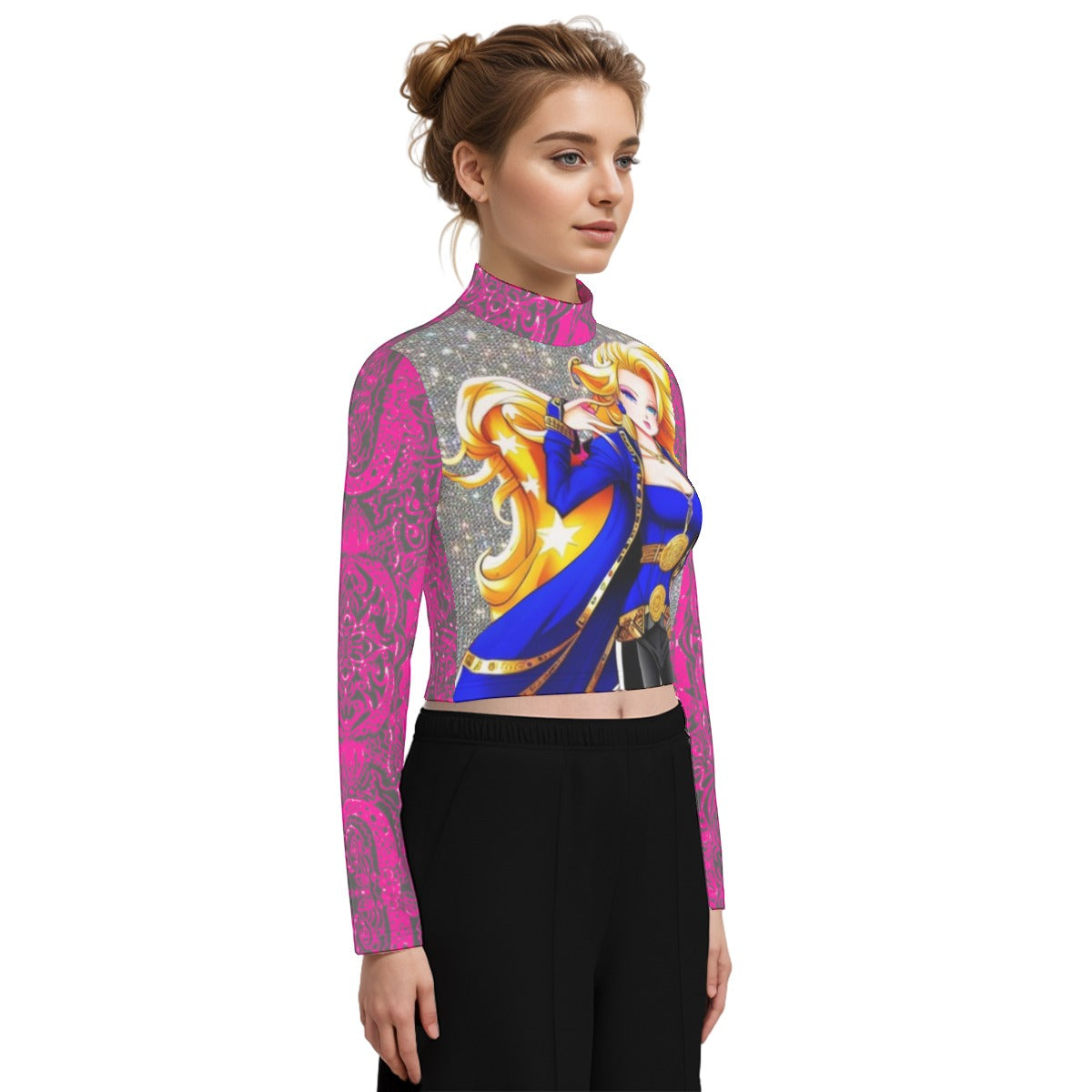 kokorepublic Eco-Friendly All-Over Print Women's Turtleneck T-shirt With Long Sleeve