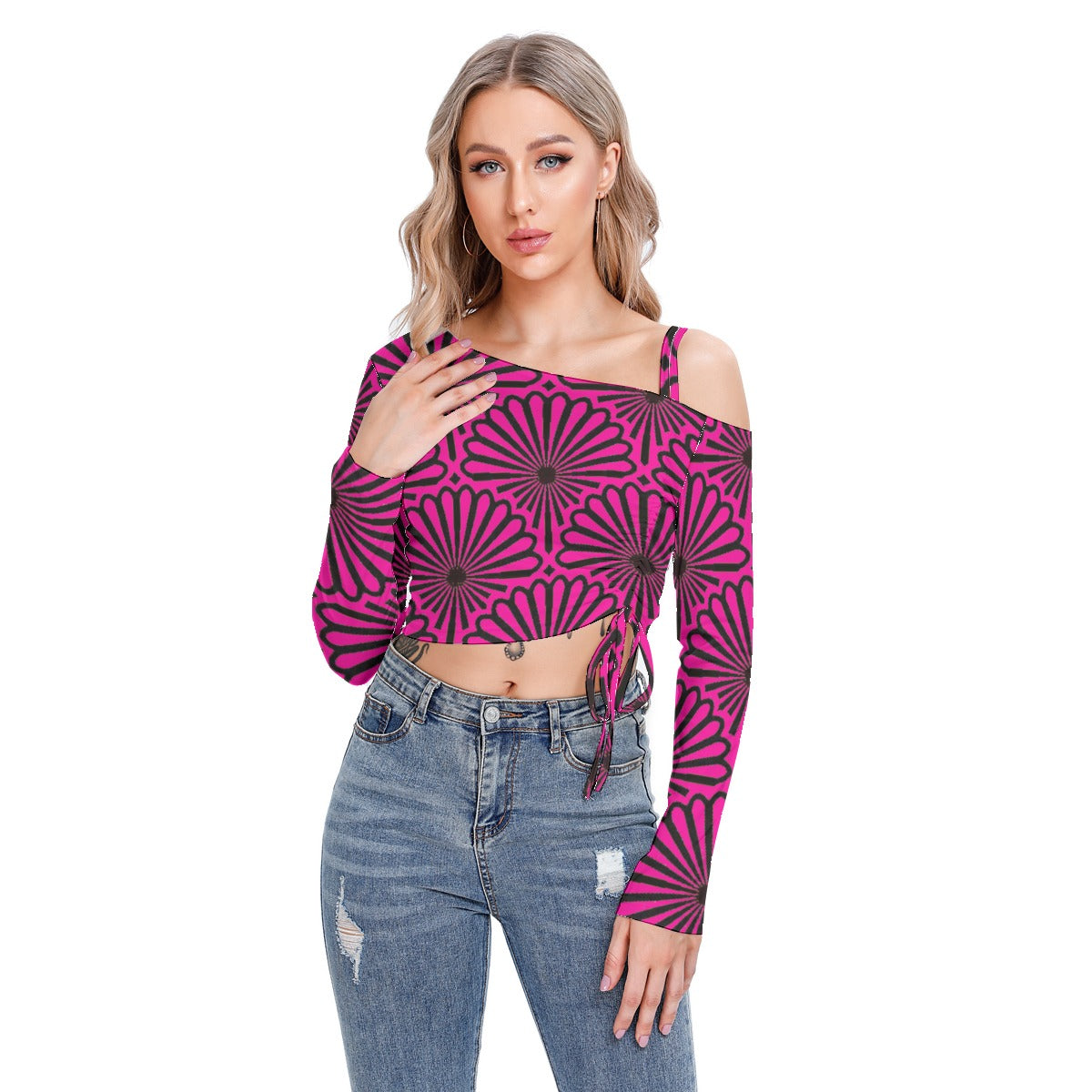 kokorepublic  Print Women's One-shoulder Blouse With Drawstring