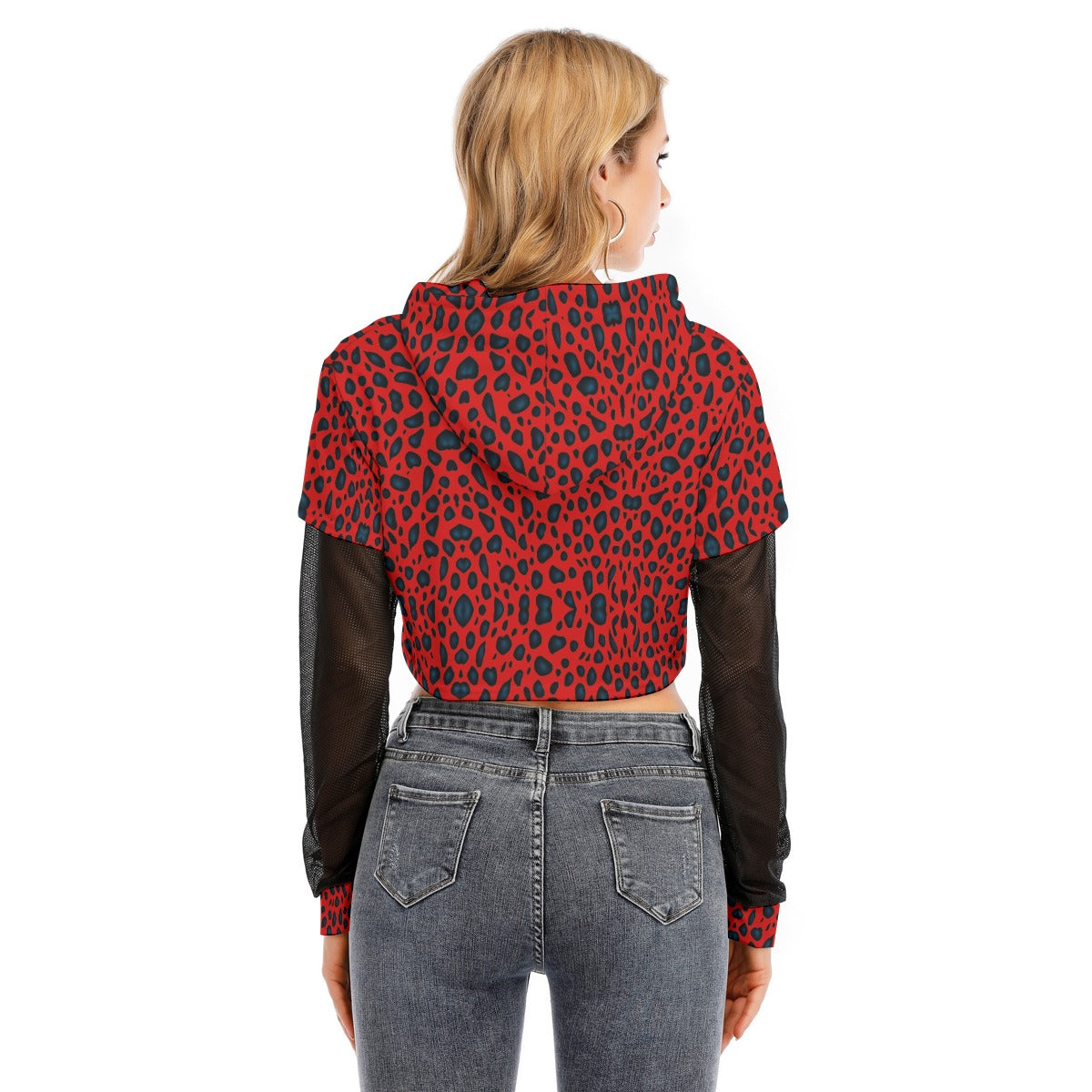 All-Over Print Women's Fake Two-piece Mesh Sleeve Cropped Hoodie