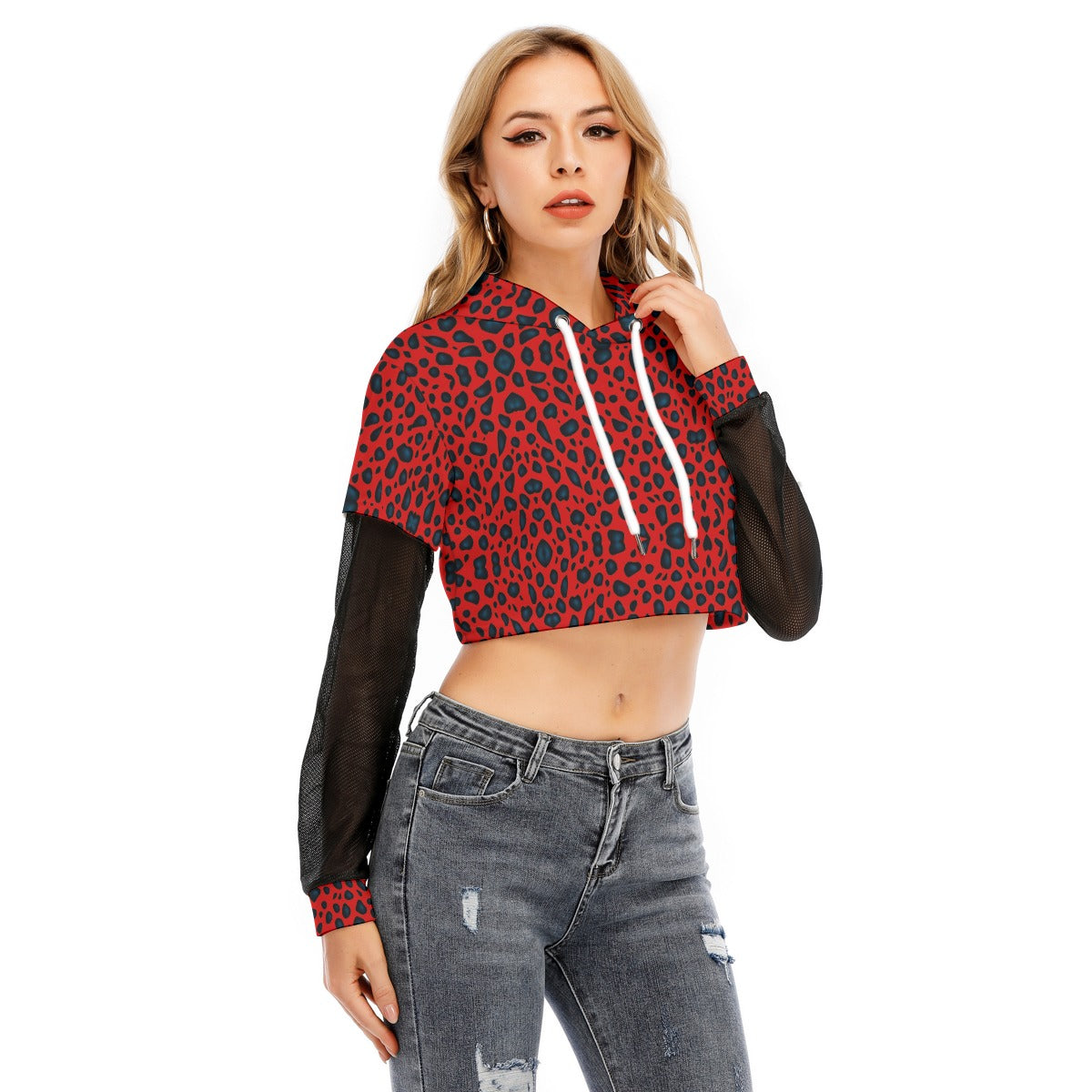 All-Over Print Women's Fake Two-piece Mesh Sleeve Cropped Hoodie