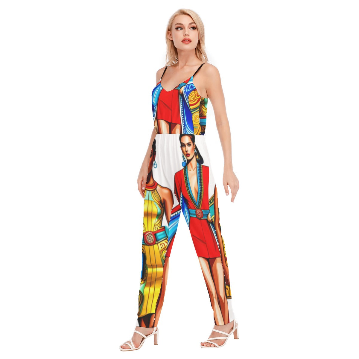 kokorepublic  Print Women's High Waist V-neck Cami Jumpsuit